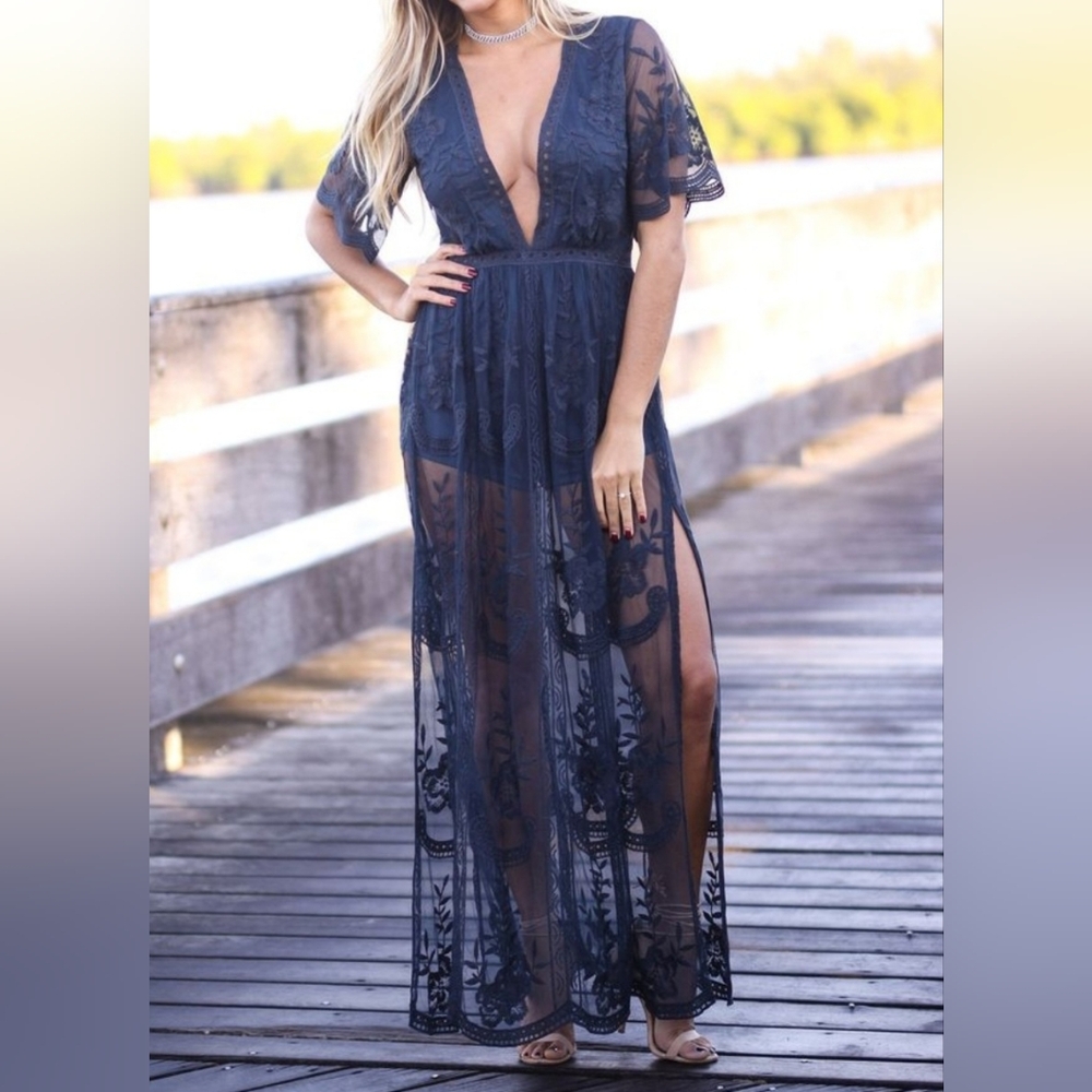 Honey Punch Sheer Lace Romper in Navy